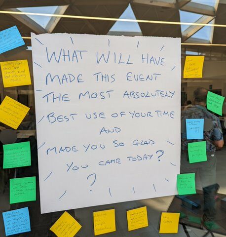 Post it notes with writing on surrounding a poster reading 'what will have made this event the most absolutely best use of your time and made you so glad you came?'