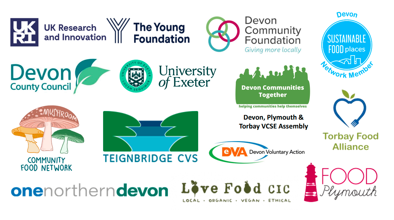 Logos of all the organisations involved in the Devon Food Insecurity Hub project