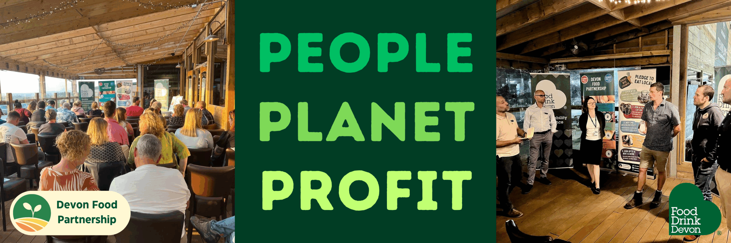 People Planet Profit logo with Devon Food Partnership and Food Drink Devon logos and images of attendees and speakers at events