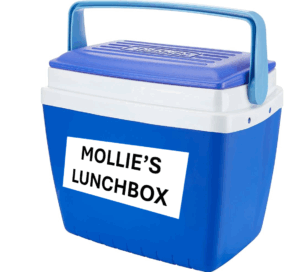 a blue coolbox with Mollie's Lunchbox label on the side
