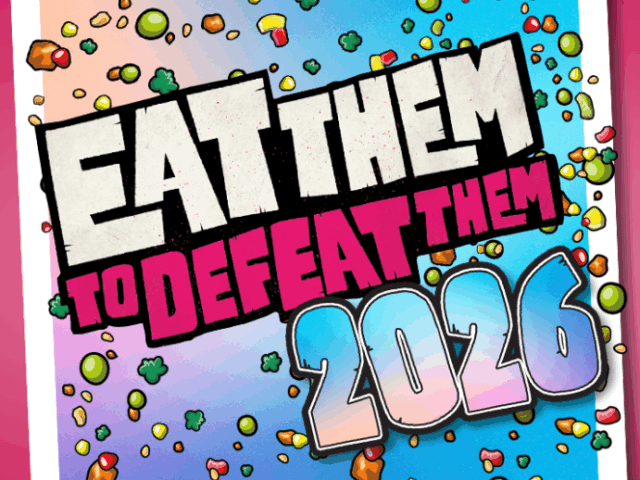 Eat then to defeat them 2026, graphic text for VegPower campaign