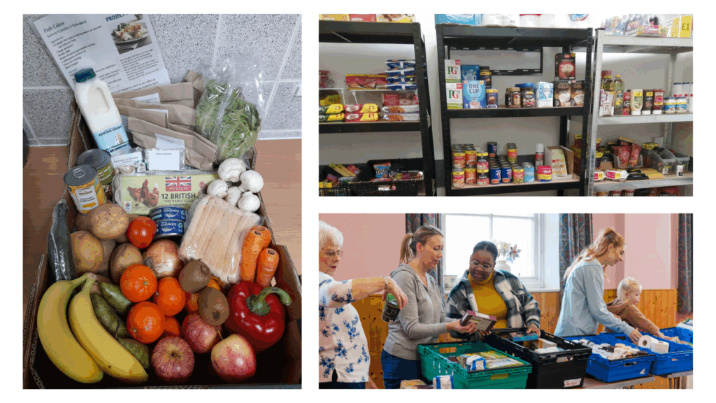 Collection of images of a food bank, a social supermarket, and a recipe box