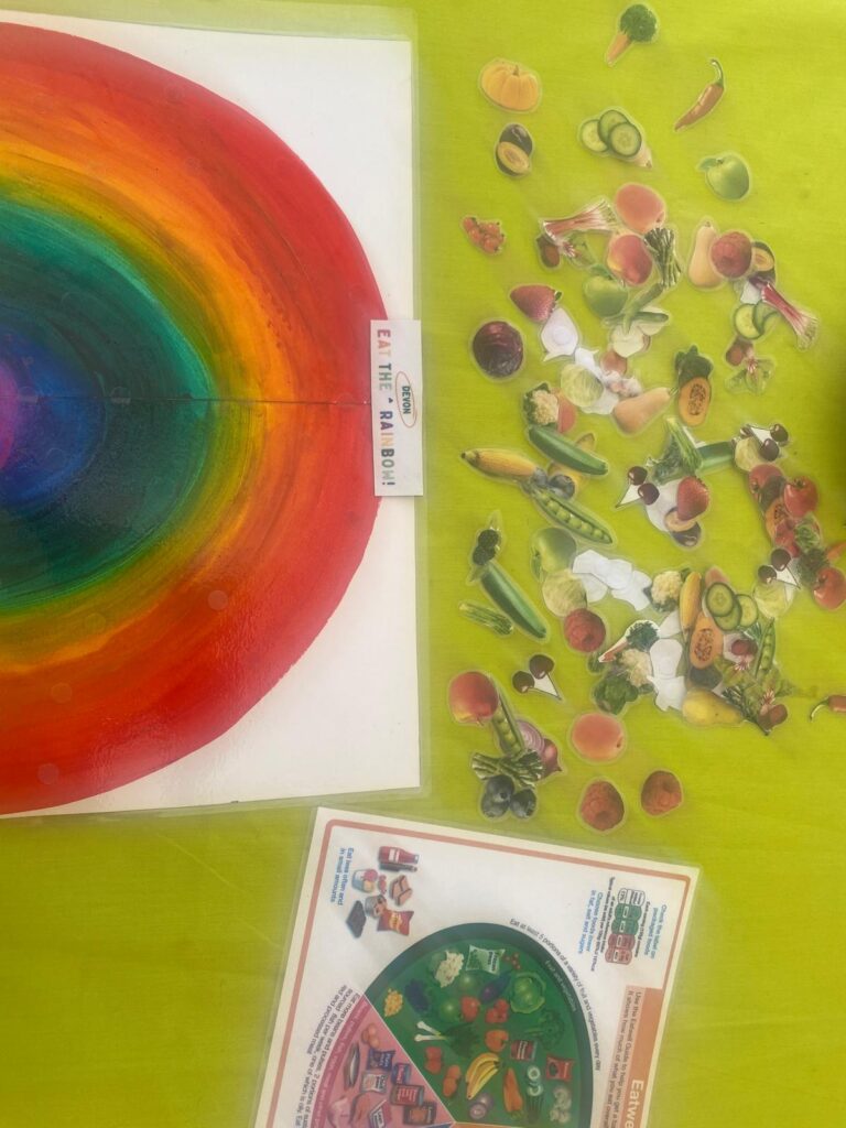 Rainbow drawing and fruit and veg shape cut outs