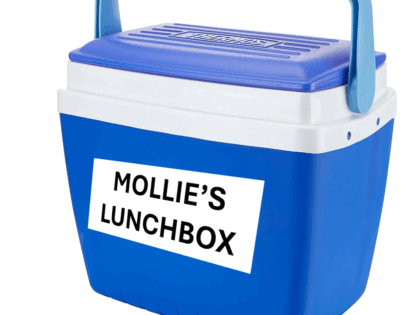 a blue coolbox with Mollie's Lunchbox label on the side