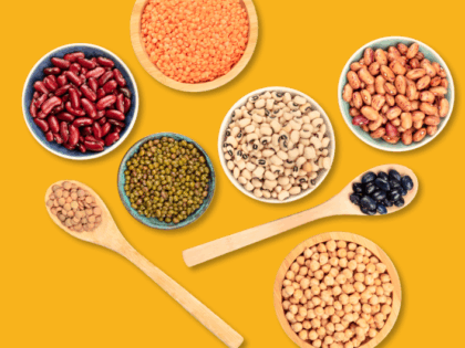 image of different beans and pulses on orange background, from Veg Powers website