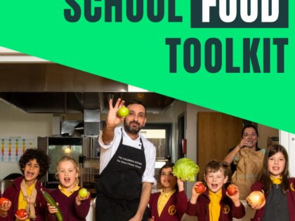 school food toolkit showing chef and 6 school children holding fruit and veg